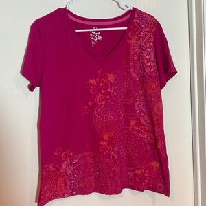 Made For Life Womens XL Pink Mandala Floral Graphic V-Neck Short Sleeve T-Shirt